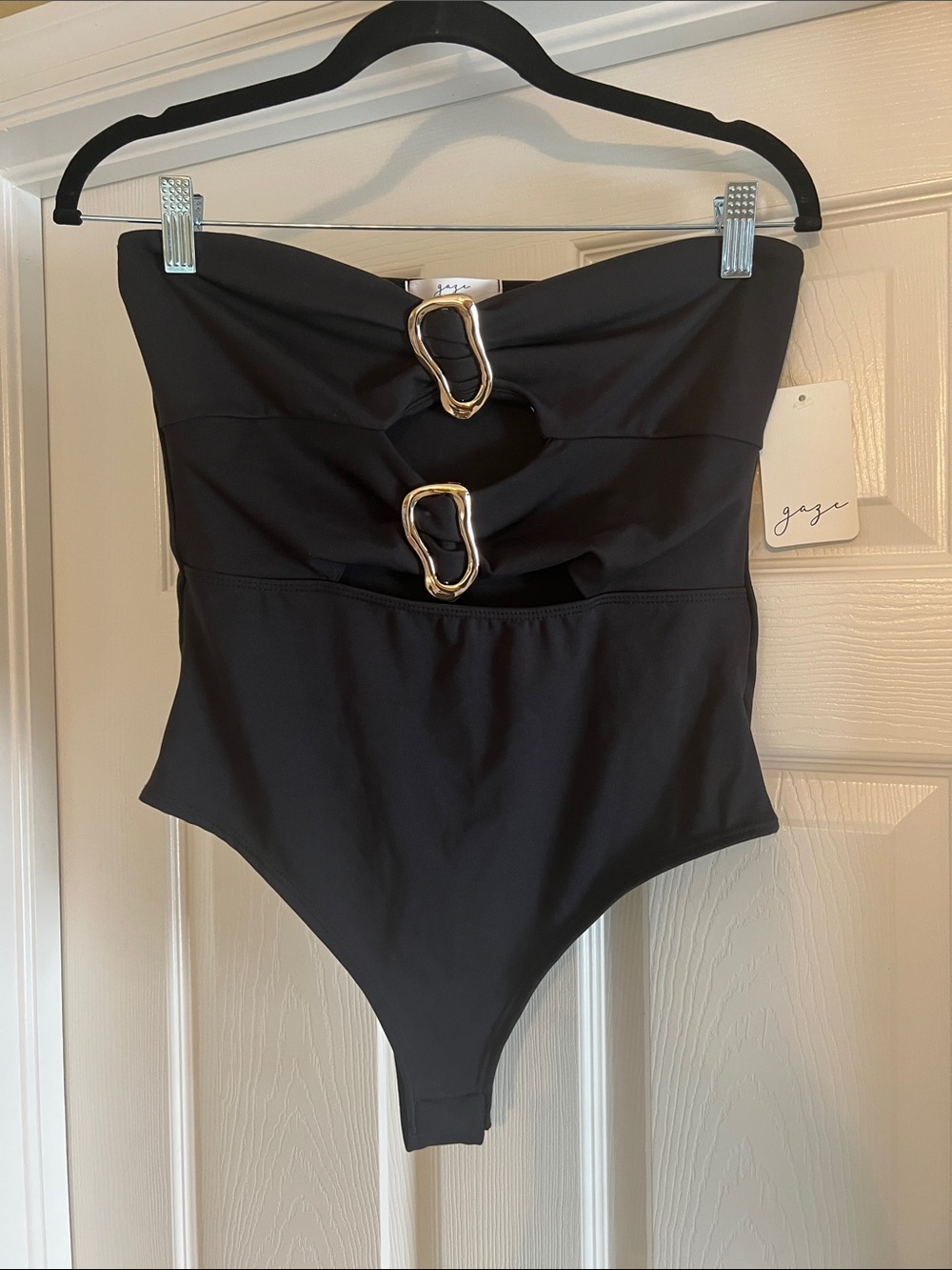 gaze Black Strapless One-Piece Bodysuit, Gold Buckle Accents, Large